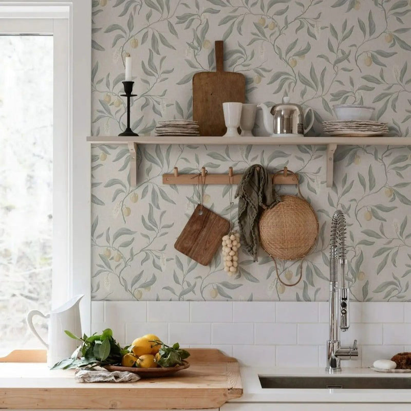Papier peint tapisserie vert sauge et gris pour salon — autocollant