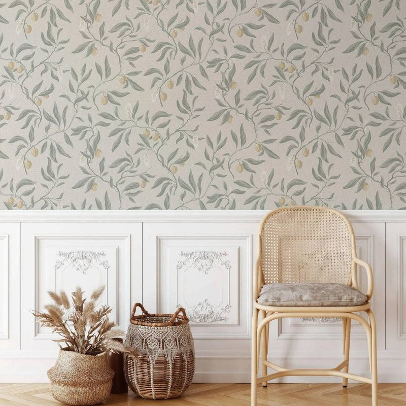 Papier peint tapisserie vert sauge et gris pour salon — intissé mat premium