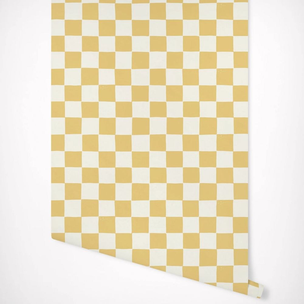 Papier peint tapisserie vichy jaune lumineux - motif