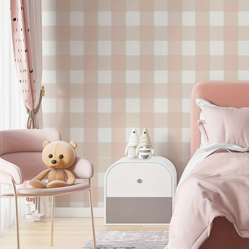 Papier peint tapisserie vichy rose pâle rétro — intissé mat premium