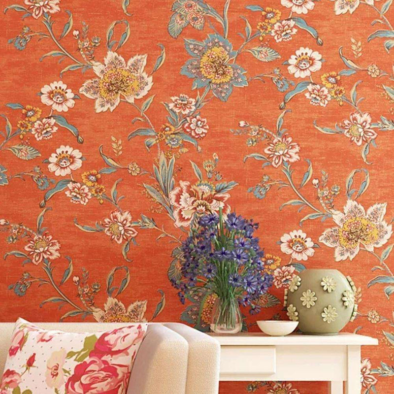 Papier peint tapisserie vintage terracotta fleuri — intissé mat premium