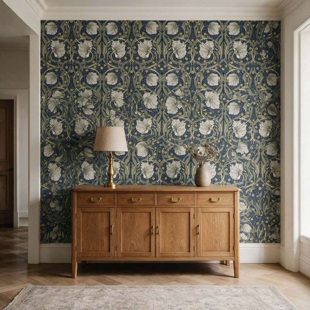 Papier peint tapisserie William Morris floral fond bleu - Papierpeint - panoramique.fr