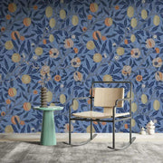 Papier peint tapisserie William Morris grenade fond bleu - Papierpeint - panoramique.fr