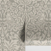 Papier peint tapisserie William Morris lapins et oiseaux gris taupe - Papierpeint - panoramique.fr