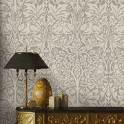 Papier peint tapisserie William Morris lapins et oiseaux gris taupe - Papierpeint - panoramique.fr